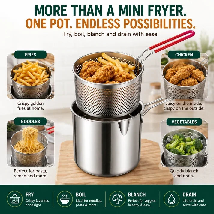 🍟 Personal Mini Deep Fryer Set – Stainless Steel Pot with Lift-Out Draining Basket & Food Tongs